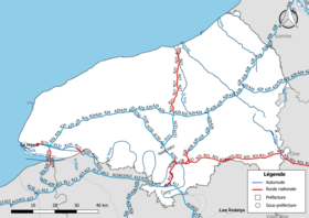 Seine-Maritime departmanındaki ulusal karayolu ağının (otoyollar ve ulusal yollar) haritası