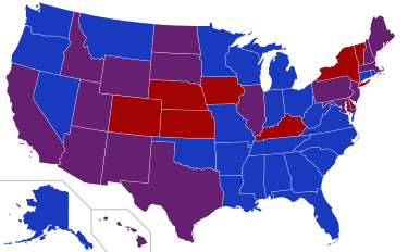 Senators' party membership by state at the opening of the 88th Congress in January 1963
.mw-parser-output .legend{page-break-inside:avoid;break-inside:avoid-column}.mw-parser-output .legend-color{display:inline-block;min-width:1.25em;height:1.25em;line-height:1.25;margin:1px 0;text-align:center;border:1px solid black;background-color:transparent;color:black}.mw-parser-output .legend-text{}
2 Democrats
1 Democrat and 1 Republican
2 Republicans 88th United States Congress Senators.svg