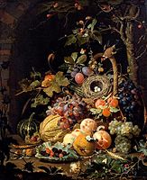 Still Life with birds nest and fruits label QS:Len,"Still Life with birds nest and fruits" label QS:Lpl,"Martwa natura z ptasim gniazdem i owocami" circa 1672 date QS:P,+1672-00-00T00:00:00Z/9,P1480,Q5727902 . oil on canvas medium QS:P186,Q296955;P186,Q12321255,P518,Q861259 . 85.5 × 70.5 cm (33.6 × 27.7 in). Dresden, Gemäldegalerie