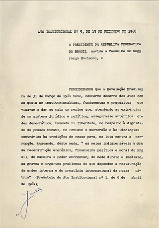 <span class="mw-page-title-main">Institutional Act Number Five</span> 1968 legislation by the Brazilian military government