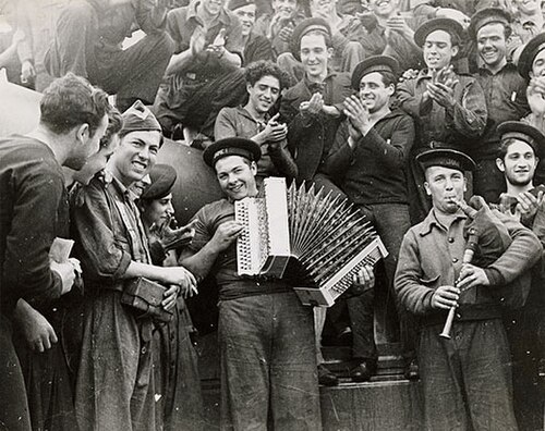 Republican sailors playing musical instruments on board battleship Jaime I, Almería, February 1937.