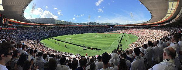 Panorama from the 'White Noise' zone during New Zealand v Peru - 2018 FIFA World Cup qualification game at Sky Stadium.