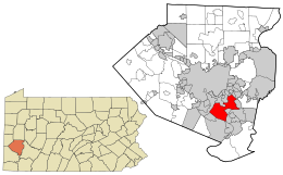 ペンシルベニア州におけるアレゲニー郡（左図）と、同郡におけるウェストミフリンの位置（赤色）