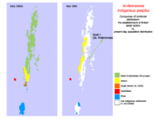 Comparative map showing distributions of various Andamanese tribes in the Andaman Islands – early 19th century versus present-day (2004). Notables: (a) Rapid depopulation of the original southeastern Jarawa homeland in the 1789–1793 period (b) Onge and Great Andamanese shrinkage to isolated settlements (c) Complete Jangil extinction by 1931 (d) Jarawa move to occupy depopulated former west coast homeland of the Great Andamanese (e) Only the Sentinelese zone is somewhat intact