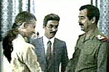 April Glaspie's first meeting with Saddam Hussein April Glaspie, Sadoun al-Zubaydi and Saddam Hussein.jpg