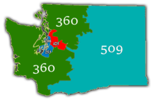 Map of Washington's area codes. The red-highlighted area has area code 425. AreaCode425WA.png
