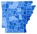 Results by county Shoffner
50-59%
60-69%
70-79%
80-89% Arkansas State Treasurer election, 2010 results by county.svg