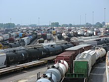 Various types of railroad cars in a classification yard in the United States BNSF Railway Classification Yard, South of Galesburg, IL (3).jpg