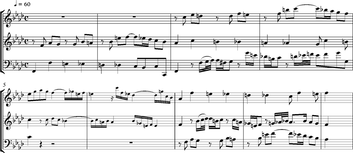 Bach's three-part Invention (Sinfonia) BWV 795, bars 1–9