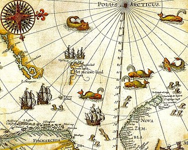 Porzione della mappa del 1599 dell'esplorazione dell'Artico dell'esploratore olandese Willem Barentsz.  Spitsbergen, compare sulla mappa (per la prima volta) come Het Nieuwe Land (in olandese "la nuova terra"), nella parte centrale a sinistra.