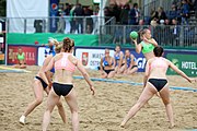 Deutsch: Beachhandball Europameisterschaften 2019 (Beach handball Euro); Tag 5: 6. Juli 2019 – Frauen, Platzierungsspiel für die Ränge 17–20, Nordmazedonien-Slowenien 0:2 (10:13, 9:15) English: Beach handball Euro; Day 5: 6 July 2019 – Placement Match/Cross Match for rank 17–20 Women – North Macedonia-Slovenia 0:2 (10:13, 9:15)