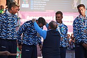 Deutsch: Beachhandball bei den Olympischen Jugendspielen 2018 in Buenos Aires; Tag 7, 13. Oktober 2018; Medaillenzeremonie Jungs - Gold: Spanien, Silber: Portugal, Bronze: Argentinien English: Beach handball at the 2018 Summer Youth Olympics in Buenos Aires at 13 October 2018 – Medal Ceremony Boys - Gold: Spain, Silver: Portugal, Bronze: Argentina Español: Handball de playa en los Juegos Olimpicos de la Juventud Buenos Aires 2018 en 13 de octubre de 2018 – Medalla Ceremonia para niños - Oro: España, Plata: Portugal, Bronce: Argentina