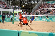 Deutsch: Beachvolleyball bei den Olympischen Jugendspielen 2018; Tag 11, 17. Oktober 2018; Jungen,Finale – Niederlande (Matthew Immers/Yorick de Groot)-Schweden (David Åhman/Jonatan Hellvig) 0:2 (20–22/15–21) English: Beach volleyball at the 2018 Summer Youth Olympics at 17 October 2018 – Final – Netherlands (Matthew Immers/Yorick de Groot)-Sweden (David Åhman/Jonatan Hellvig) 0:2 (20–22/15–21)