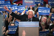 Democratic presidential candidate Bernie Sanders greatly influenced the party platform adopted at the convention, described by political commentators as the "most progressive" in the party's history. Bernie Sanders (25878773721).jpg