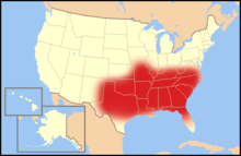 Socially conservative evangelical Protestantism plays a major role in the Bible Belt, an area covering almost all of the Southern United States. Evangelicals form a majority in the region. BibleBelt.png