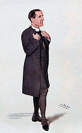  Drawing of a dark-haired man, facing right, dressed in long black coat, black stockings and white collar. He is grasping his lapels as if about to speak.