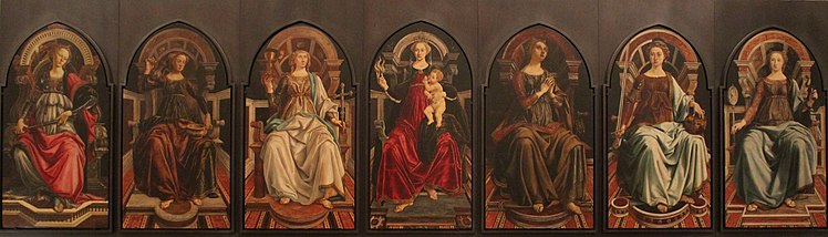 Božje in človeške kreposti: pogum, zmernost, vera, ljubezen, upanje, pravičnost, razumnost (Botticelli in Pollaiolo).