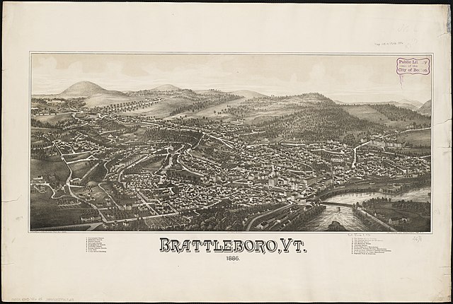 Lithograph of Brattleboro from 1886 by L.R. Burleigh with a list of landmarks