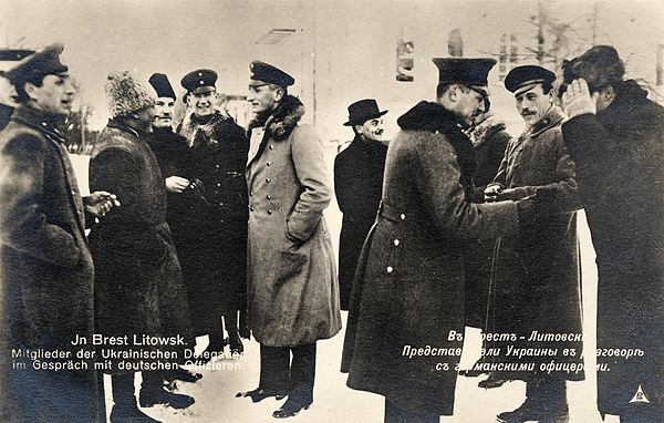 Delegates from the Ukrainian People's Republic and the Central Powers during a break in the negotiations in Brest-Litovsk, early February 1918