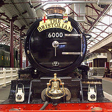 The GWR steam engine King George V at Swindon Steam Railway Museum, wearing a headboard as The Bristolian Bristolian.jpg