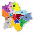Mapa 18 jednomandátových volebních obvodů v Budapešti