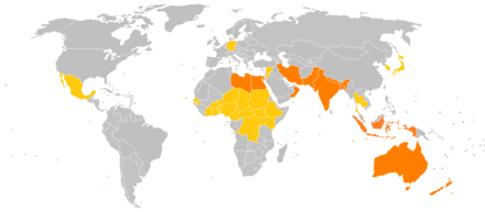 <span style=color:orange>Carnet required</span> and <span style=color:#a0a000>Carnet recommended</span> destinations for temporary importation of vehicles.