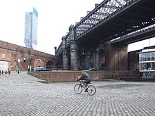 Beneath the Cornbook and Great Northern viaducts with MSJ&AR viaducts on the left and extreme right Castlefield Viaducts2324.JPG