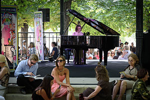 A street piano in the Luxembourg Garden, Paris. Chopin in the Luxembourg Gardens, Paris 28 June 2015.jpg