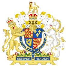 Royal coat of arms of the Kingdom of Great Britain after the Acts of Union 1707 under Anne, Queen of England (r. 1702-1707) and of Great Britain (r. 1707-1725) Coat of Arms of Great Britain (1707-1714).svg