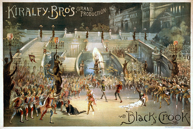 The Black Crook (1866), considered by some historians to be the first musical. Poster for the 1873 revival by The Kiralfy Brothers.