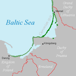 In 1649, Kursenieki settlements along the Baltic coastline of East Prussia spanned from Memel (Klaipeda) to Danzig (Gdansk). Curonians kursenieki in 1649.png