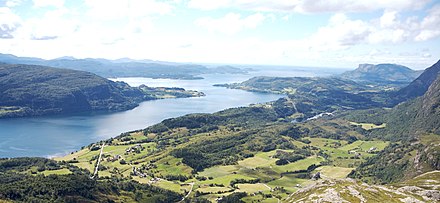 View of Rivedal (and Fjaler municipality on the left side of the fjord)