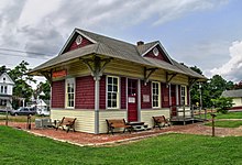 The former Hopeton railroad station, now restored in Parksley as part of the Eastern Shore Railway Museum Depot at Eastern Shore Railway Museum, Parksley, VA, August 2014.jpg