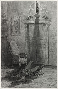 Edgar Allan Poe'nun Kuzgun şiiri için Gustave Doré tarafından yapılan bir illüstrasyon. Şiirin " O gölgede yüzen ruhum kurtulup da tahtalardan kalkmayacak – hiçbir zaman!" kısmını betimler (1884). (Üreten:DIREKTOR (orjinal:Gustave Doré LoC))