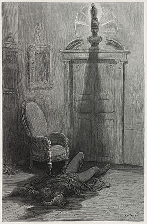 « Et mon âme, hors du cercle de cette ombre qui gît flottante sur le plancher, ne pourra plus s’élever, — jamais plus ! », illustré par Gustave Doré (1884)