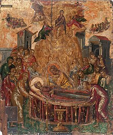 The Dormition of the Virgin (before 1567, tempera and gold on panel, 61.4 × 45 cm, Holy Cathedral of the Dormition of the Virgin, Hermoupolis, Syros) was probably created near the end of the artist's Cretan period. The painting combines post-Byzantine and Italian mannerist stylistic and iconographic elements.