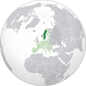 Расположение Швеции (тёмно-зелёный): — в Европе (светло-зелёный и тёмно-серый) — в Европейском союзе (светло-зелёный)