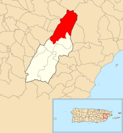 Лас-Пьедрас муниципалитеті ішіндегі Эль-Рионың орналасқан жері қызылмен көрсетілген