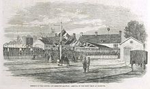 The first train arrives at Exmouth, in 1861 Exmouth first train 1861.jpg