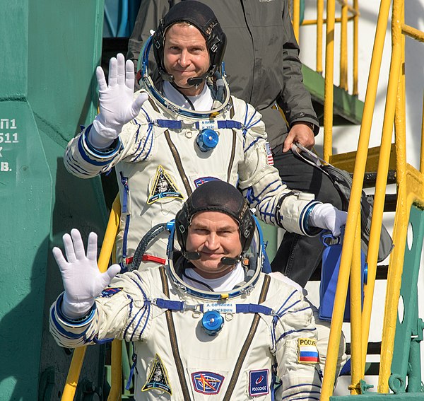 Nick Hague (above) and Aleksey Ovchinin (below), pictured at Pad 1/5 before launch.