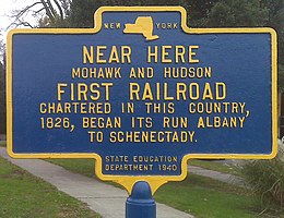 Historical Marker of the Mohawk and Hudson Railroad, incorporated in 1826 and opened in 1831 First Railroad Marker.jpg