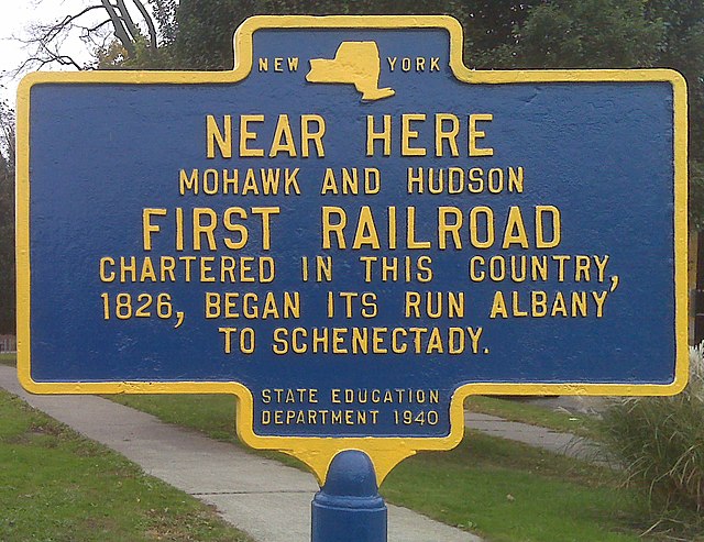 Historical Marker of the Mohawk and Hudson Railroad, incorporated in 1826 and opened in 1831