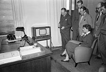 People gather to watch the first television transmission of Finland in May 1955. First television transmission in Finland is starting.jpg