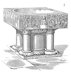 Les fonts baptismaux de l'église Saint-Pierre, dessin d'Eugène Viollet-le-Duc[27].