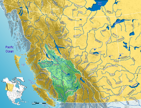 Kaart van die Fraserrivier-bekken in Noord-Amerika.