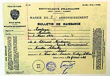 Fake birth certificate used by Virginia Hall during the Second World War; it gave her the alias of a Frenchwoman named Marcelle Montagne. French identification certificate for Marcelle Montagne, an alias of OSS agent Virginia Hall.jpg