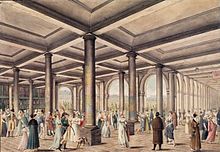 Prostitutes and clients conversing at the Palais Royal, Paris, in 1800. Ink and watercolour. Bibliotheque nationale de France Galeries du Palais Royal, Paris, 1800.jpg