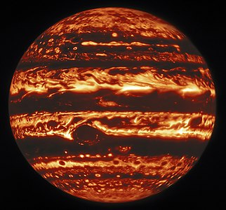 Infrarooibeeld van Jupiter, afgeneem deur die Gemini-Noord-teleskoop in Hawaii op 11 Januarie 2017.