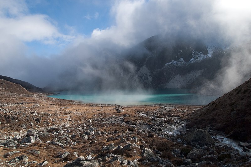 File:Gokyo Lakes, Taujung Tsho in fog, Nepal, Himalayas.jpg