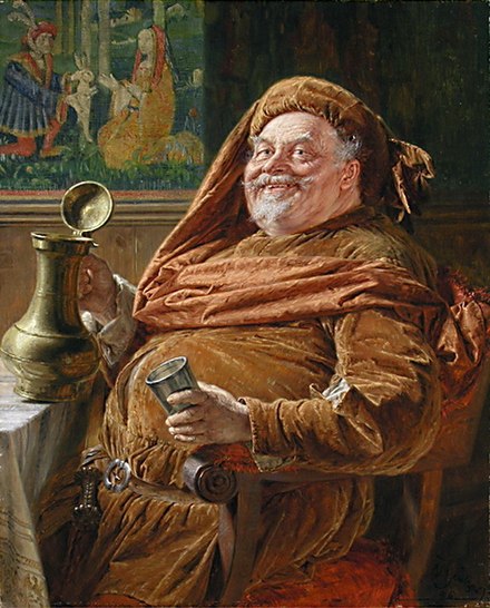 Eduard von Grützner's Falstaff with big wine jar and cup shows the traditional jolly and comical depiction of Falstaff that Welles rejected.